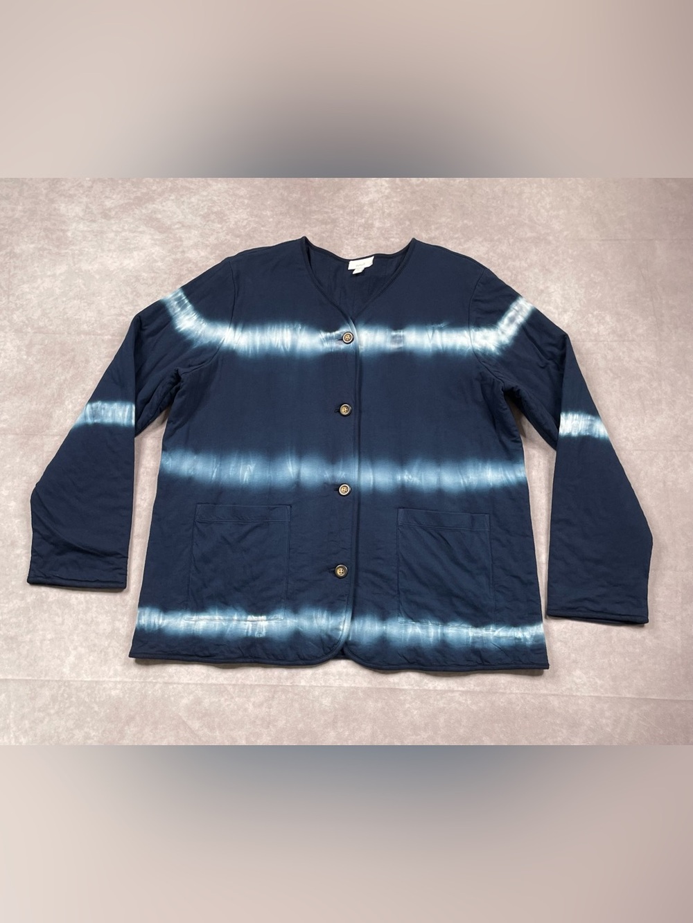J Jill Pure Jill Quilted Jacket Cardigan Womens Large Tie Dye Blue Casual Office